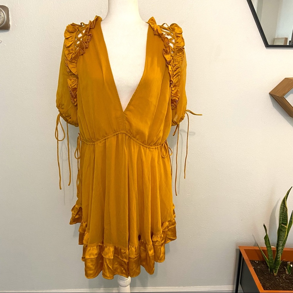 NWOT ASOS Design Mustard Yellow Mini V-Neck Ruffle Dress 12 - Picture 2 of 15